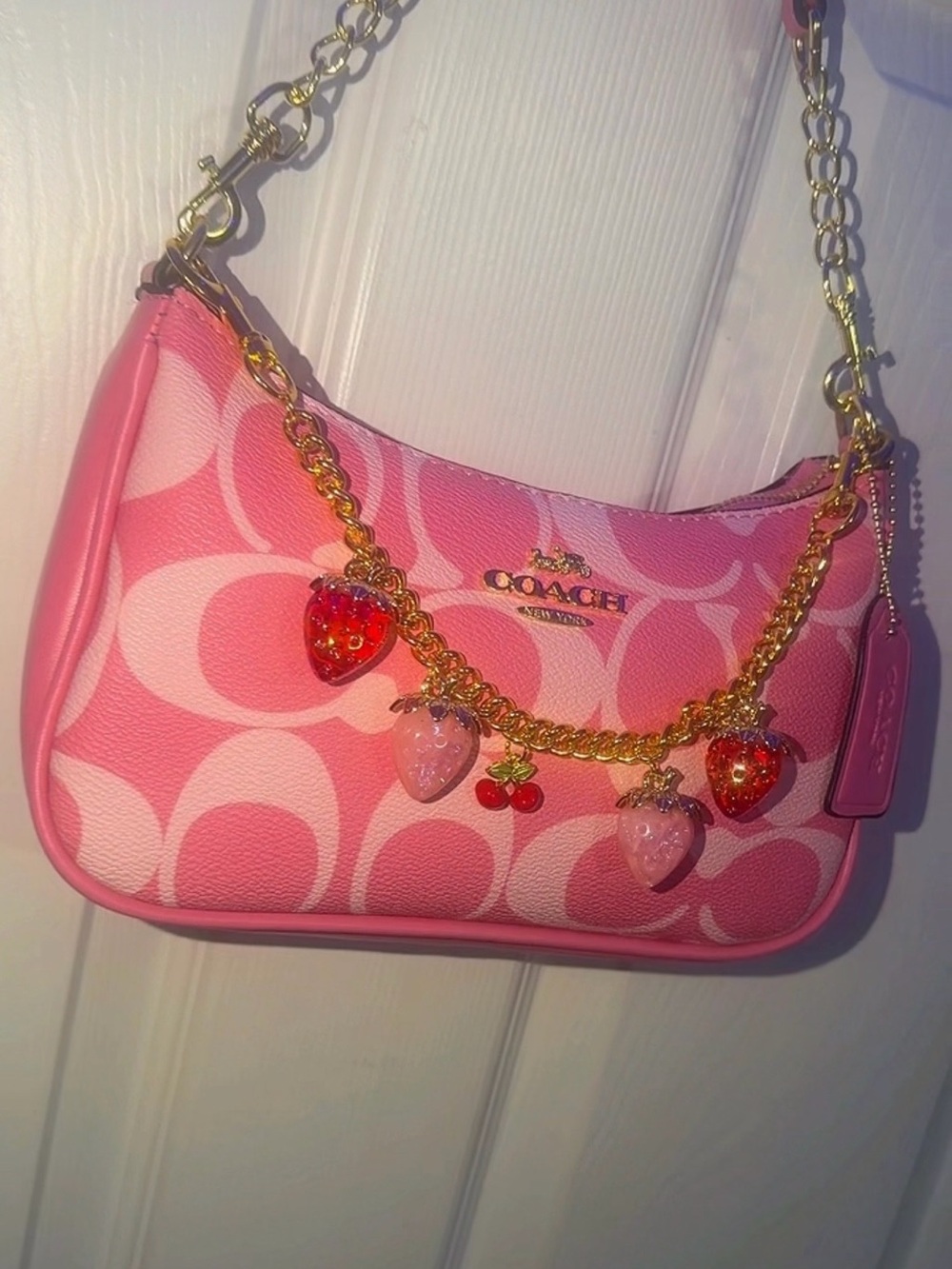 Pink Signature Strawberry Charm Key & Card Holder Shoulder Bag
